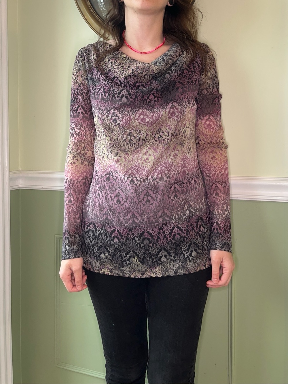 Axcess Y2K damask cowl neck top